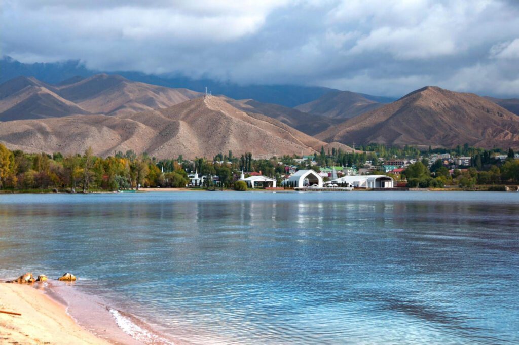 Scenic landscape of Issyk-Kul lake and beach in Kyrgyzstan