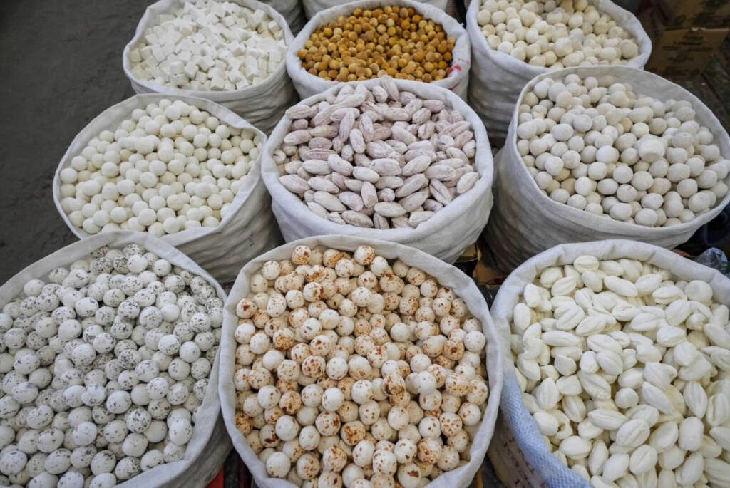 Kurut dried cheese balls in Osh Bazaar Bishkek, Kyrgyzstan