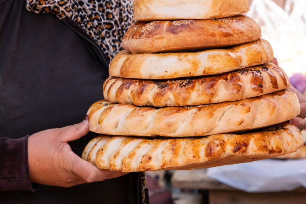 Tandoor naan or tandoor bread sold at the market in Kyrgyzstan.